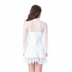 Gothic Elegant White Strapless Stripe Lace Corset Mini Dress With Polka Dots Blouse Set N20240
